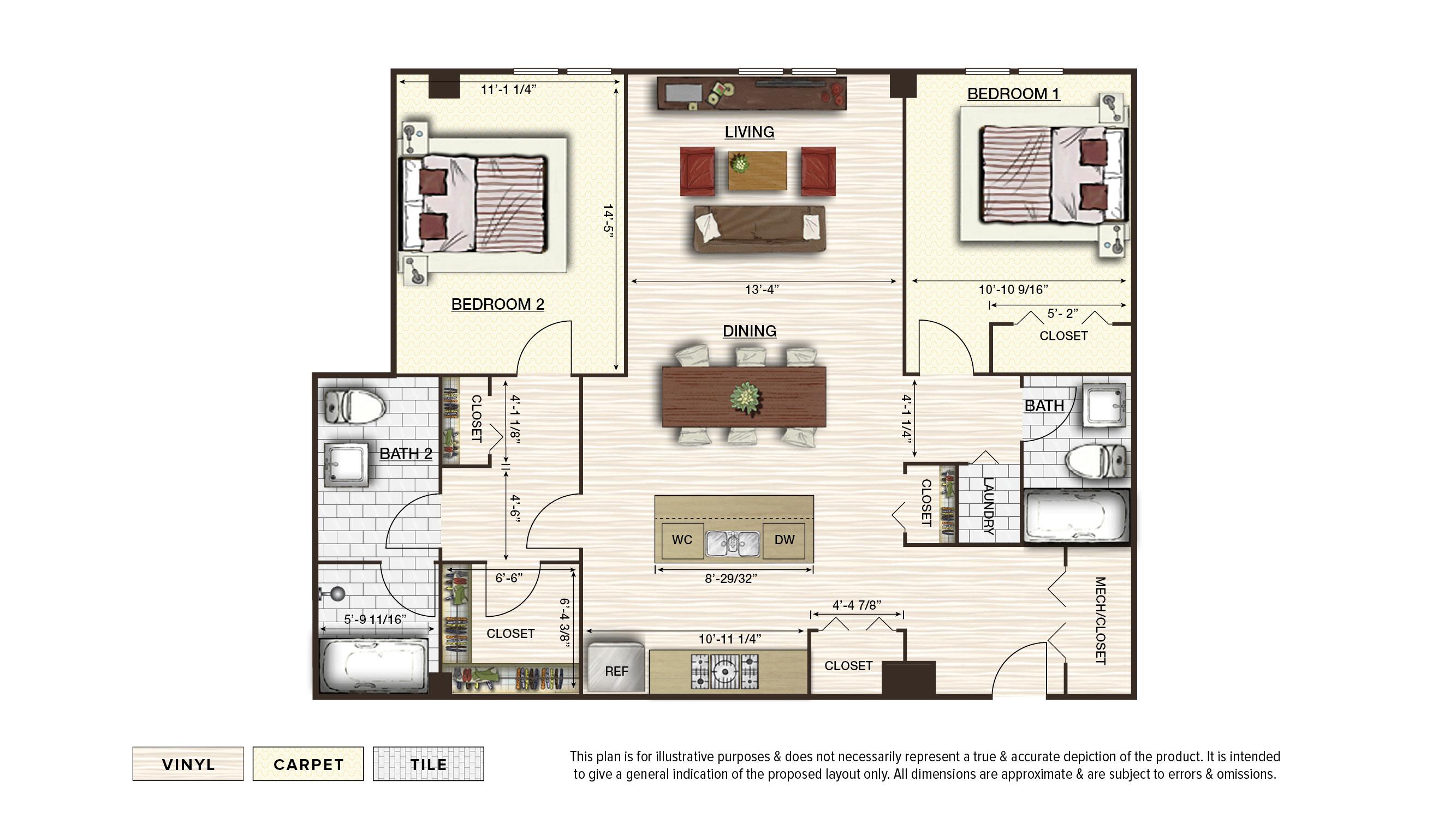 The Summit 2 apartment floor plan with 2 bedrooms and 2 baths